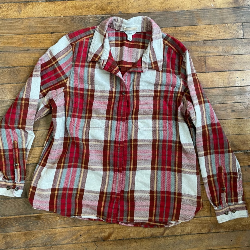 L.L. Bean 1912 Field Flannel Shirt XL in Red & Cream Plaid